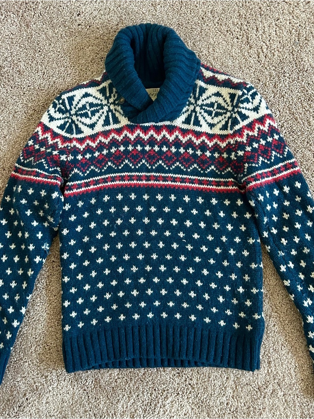 Men's Shawl Collar Fair Isle Chunky Knit Sweater Wool Blend Size S